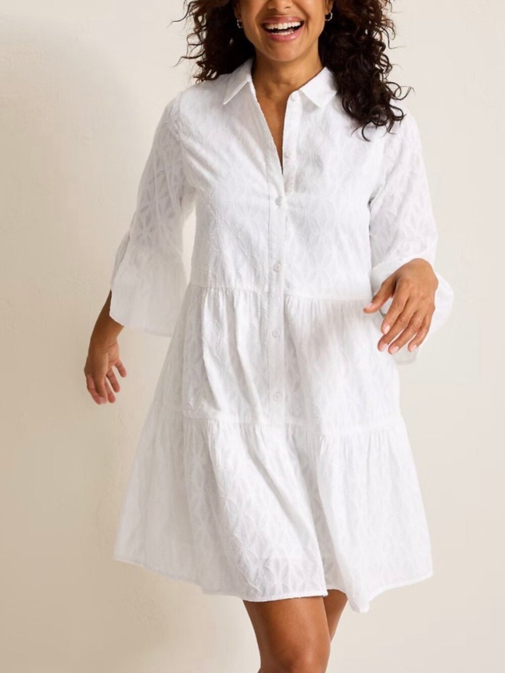 White Cotton Dress Button Down Breathable Summer Spring Lined Flowy Collar Girly